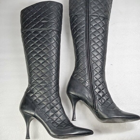 Delman Shoes - Delman Black Quilted Leather Knee-High StiletDeto Boots Women's 9 18" Shaft VGUC